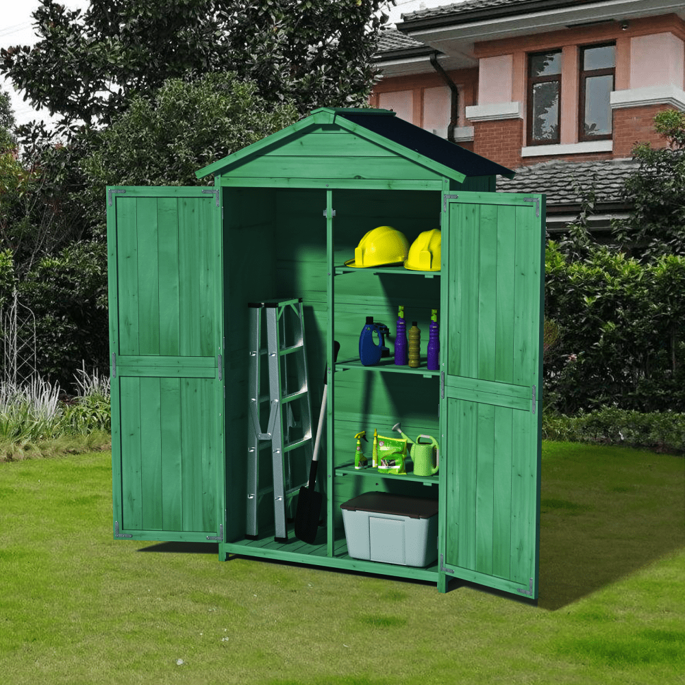 Outdoor Wooden Storage Shed With Waterproof Roof Double Doors And Multi-Tier Shelves Forest Green