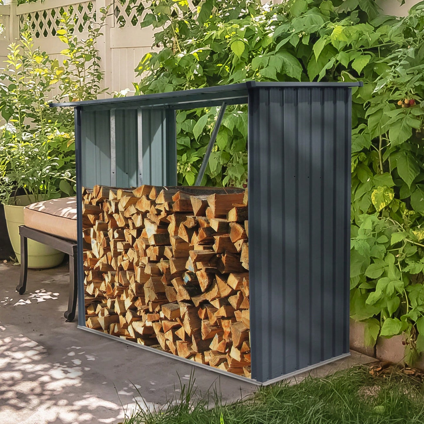 Outdoor Steel Firewood Rack With Sloped Roof For Efficient Storage Of Firewood, Pellets, Or Lumber In Black