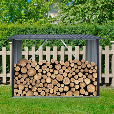 Outdoor Steel Firewood Rack With Sloped Roof For Efficient Storage Of Firewood, Pellets, Or Lumber In Black