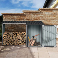 Outdoor Steel Firewood Storage Rack And Metal Shed Combo In Black