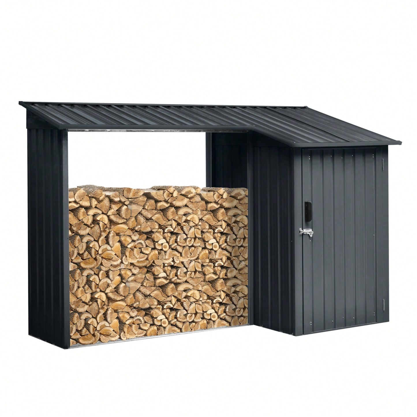 Outdoor Steel Firewood Storage Rack And Metal Shed Combo In Black