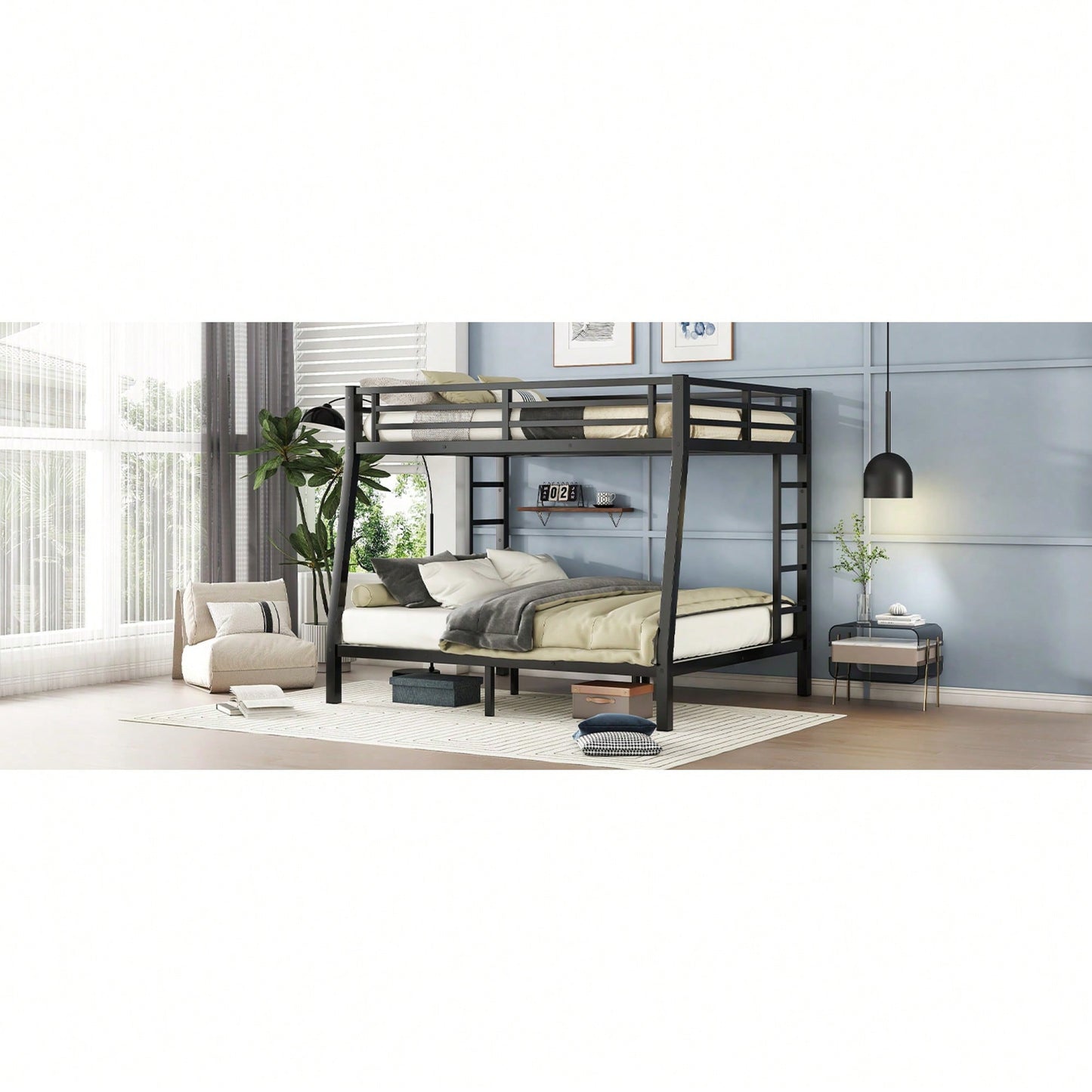 Metal Full XL Over Queen Bunk Bed For Teens And Adults Space-Saving Design Noise Reducing No Box Spring Required