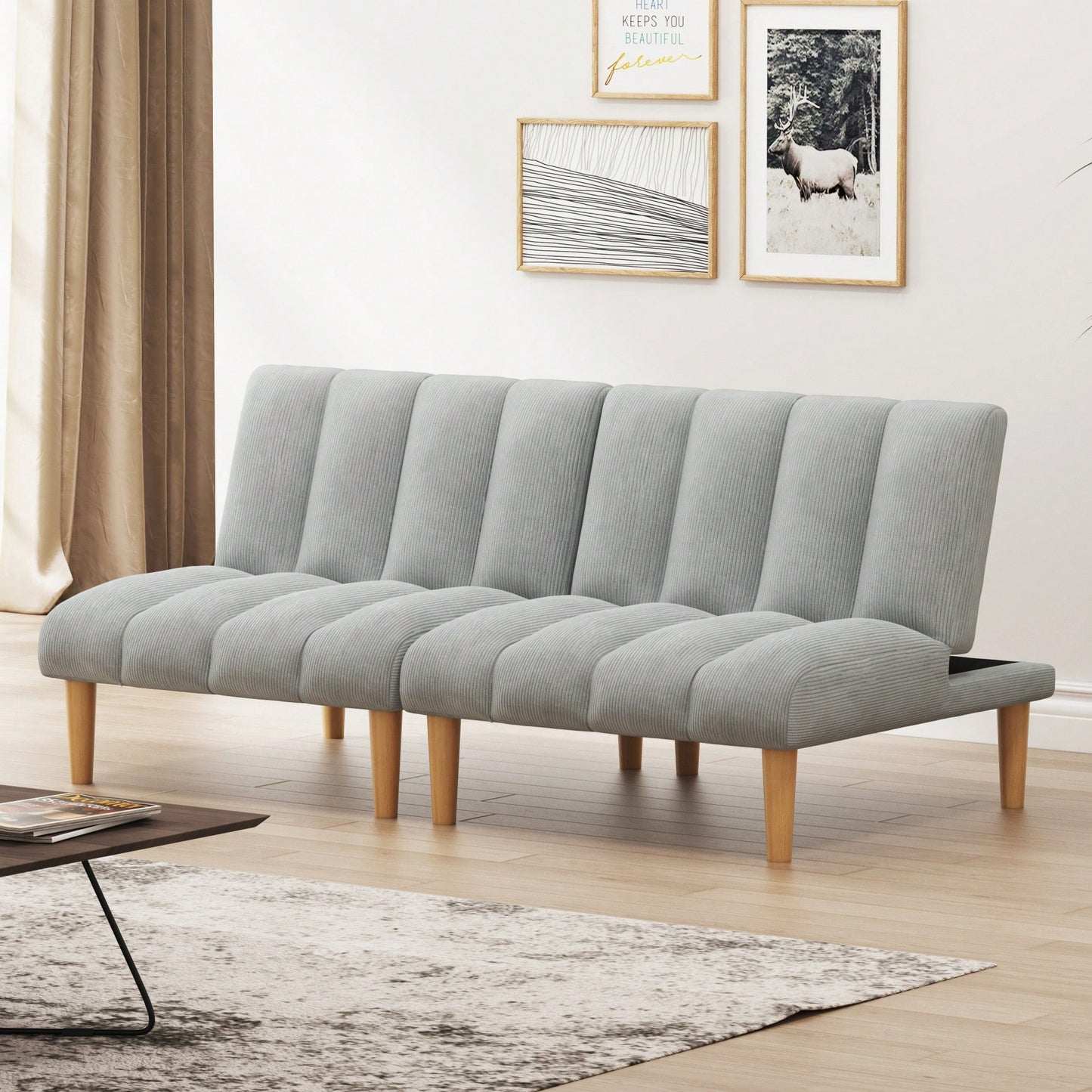 Corduroy Fabric Convertible Sofa Bed With Wooden Legs For Stylish Living Spaces Grey