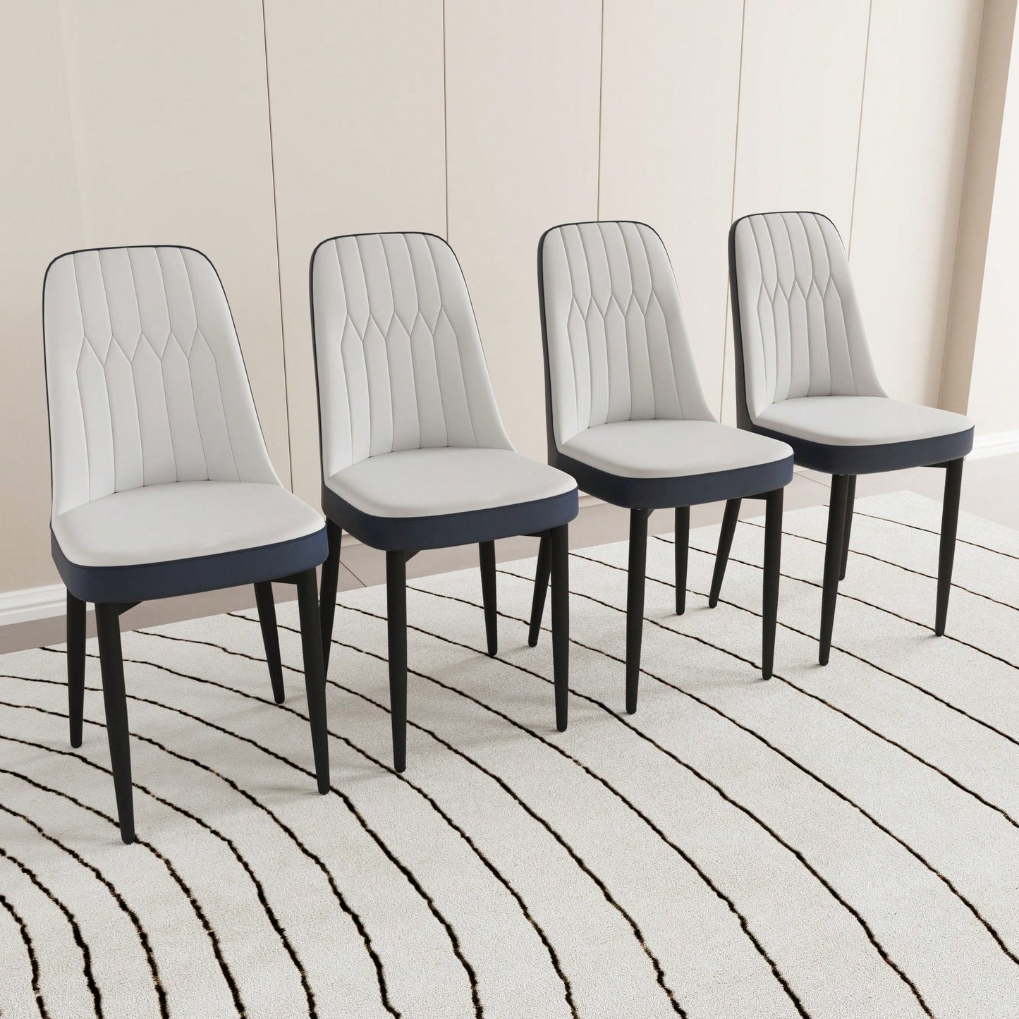 Set Of 4, Modern PU Leather Dining Chair Set With Thick Cushions And Black Metal Legs In White And Blue