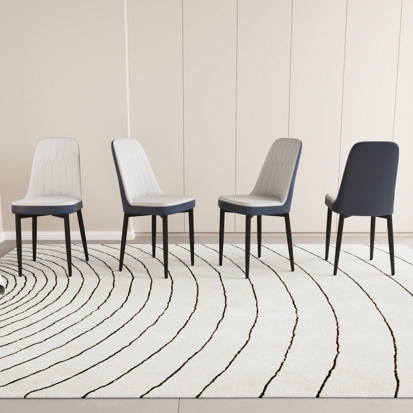 Set Of 4, Modern PU Leather Dining Chair Set With Thick Cushions And Black Metal Legs In White And Blue