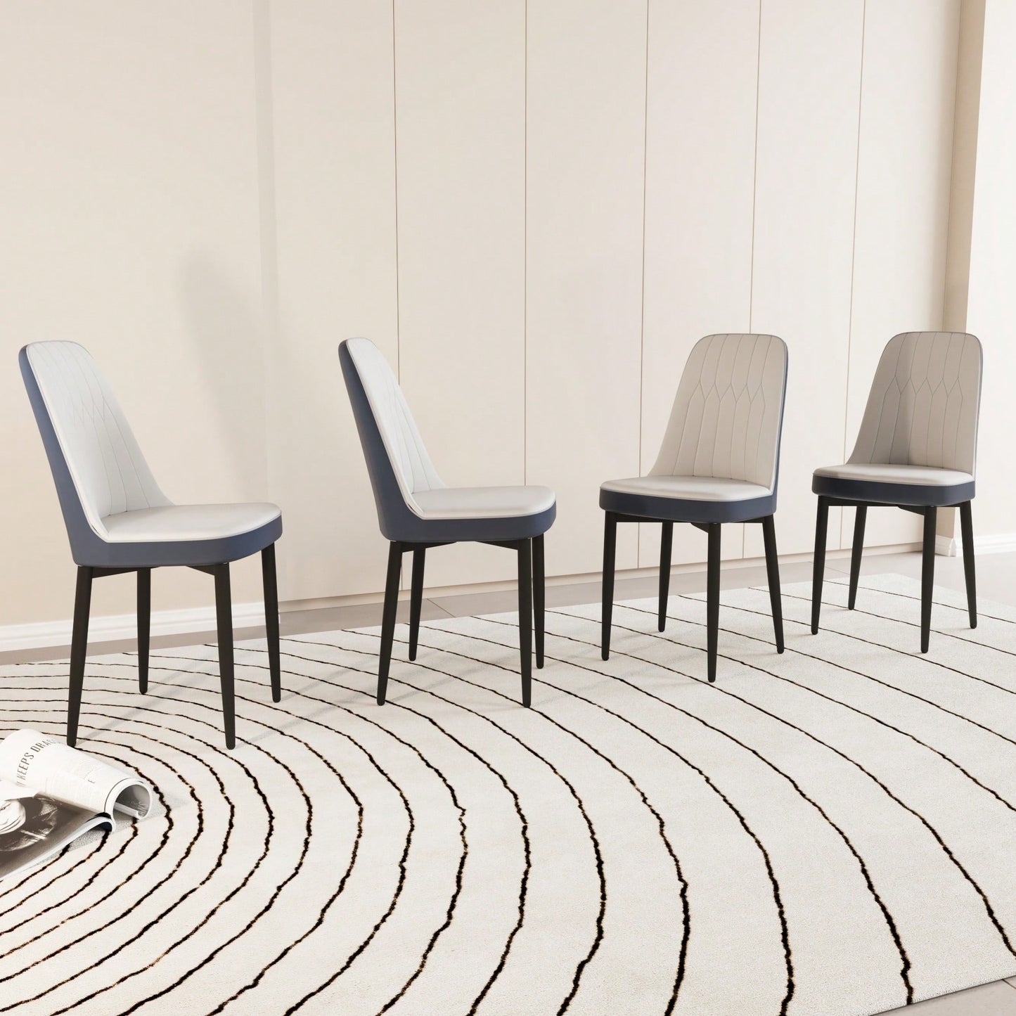 Set Of 4, Modern PU Leather Dining Chair Set With Thick Cushions And Black Metal Legs In White And Blue