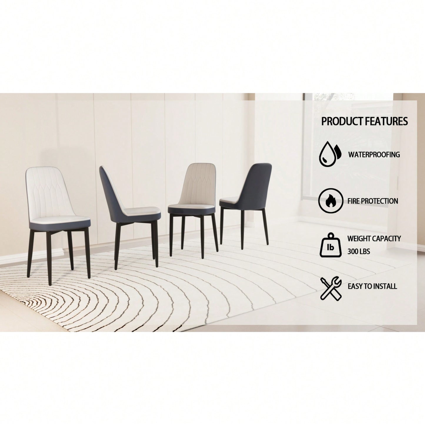 Set Of 4, Modern PU Leather Dining Chair Set With Thick Cushions And Black Metal Legs In White And Blue