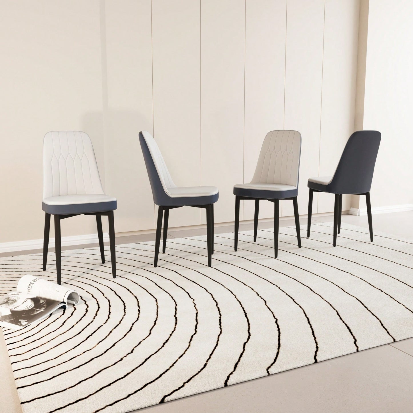 Set Of 4, Modern PU Leather Dining Chair Set With Thick Cushions And Black Metal Legs In White And Blue