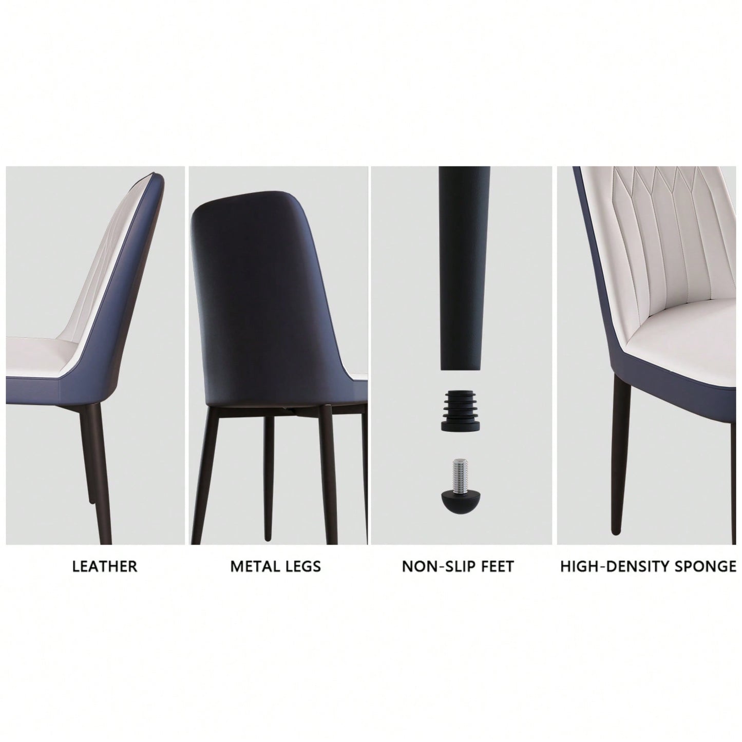 Set Of 4, Modern PU Leather Dining Chair Set With Thick Cushions And Black Metal Legs In White And Blue