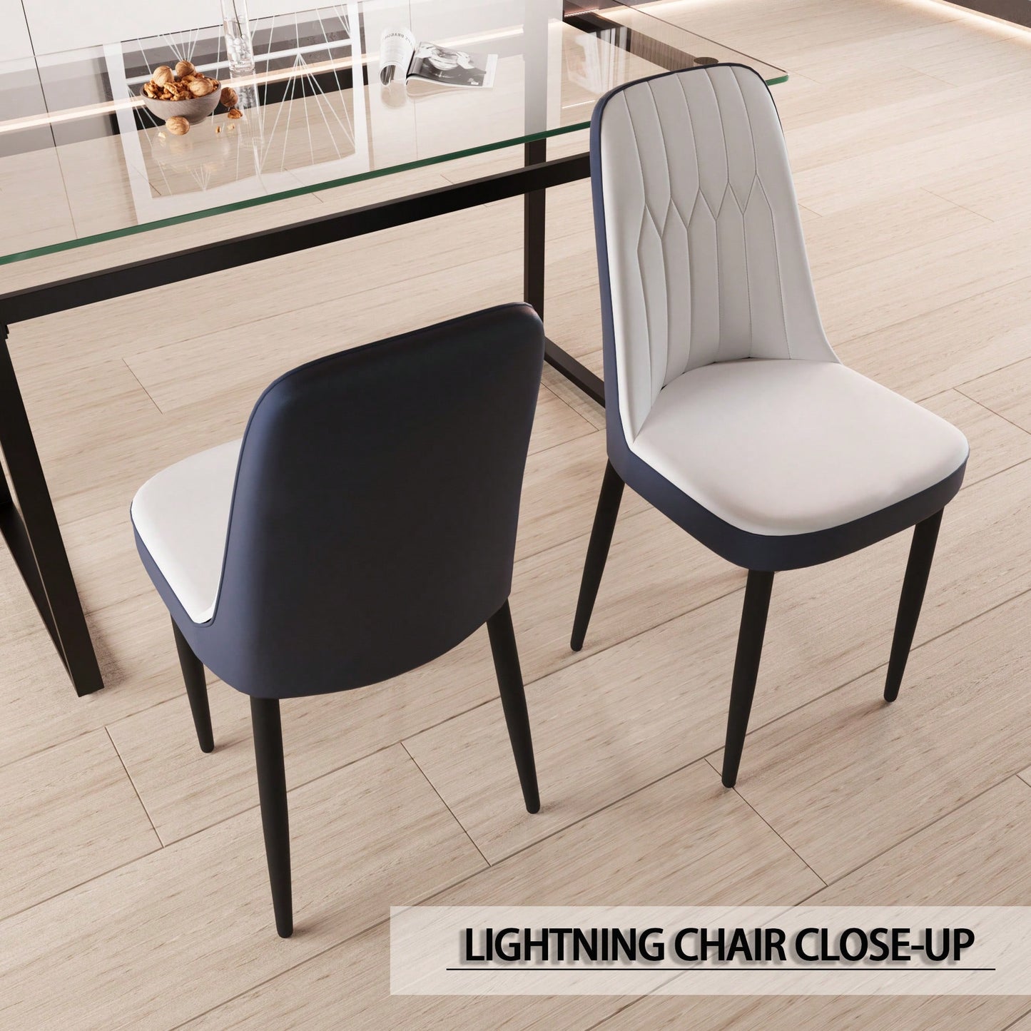 Set Of 4, Modern PU Leather Dining Chair Set With Thick Cushions And Black Metal Legs In White And Blue