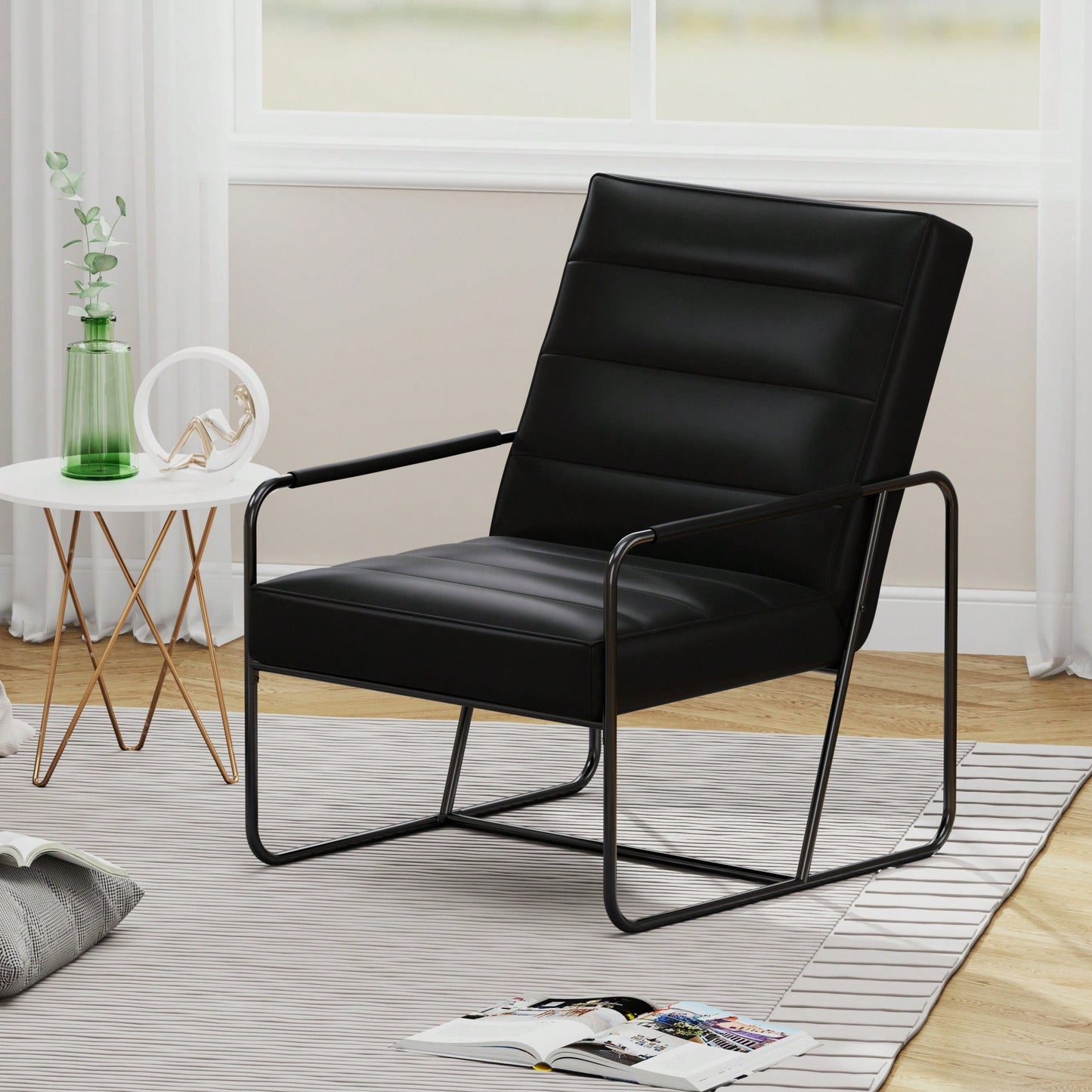 Stylish Modern Metal Framed Armchair With Black Technical Leather For Living Room Office Bedroom Comfort