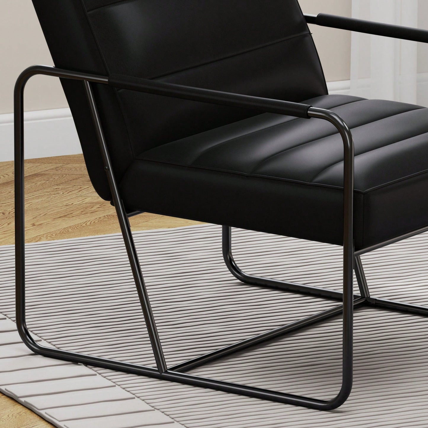 Stylish Modern Metal Framed Armchair With Black Technical Leather For Living Room Office Bedroom Comfort