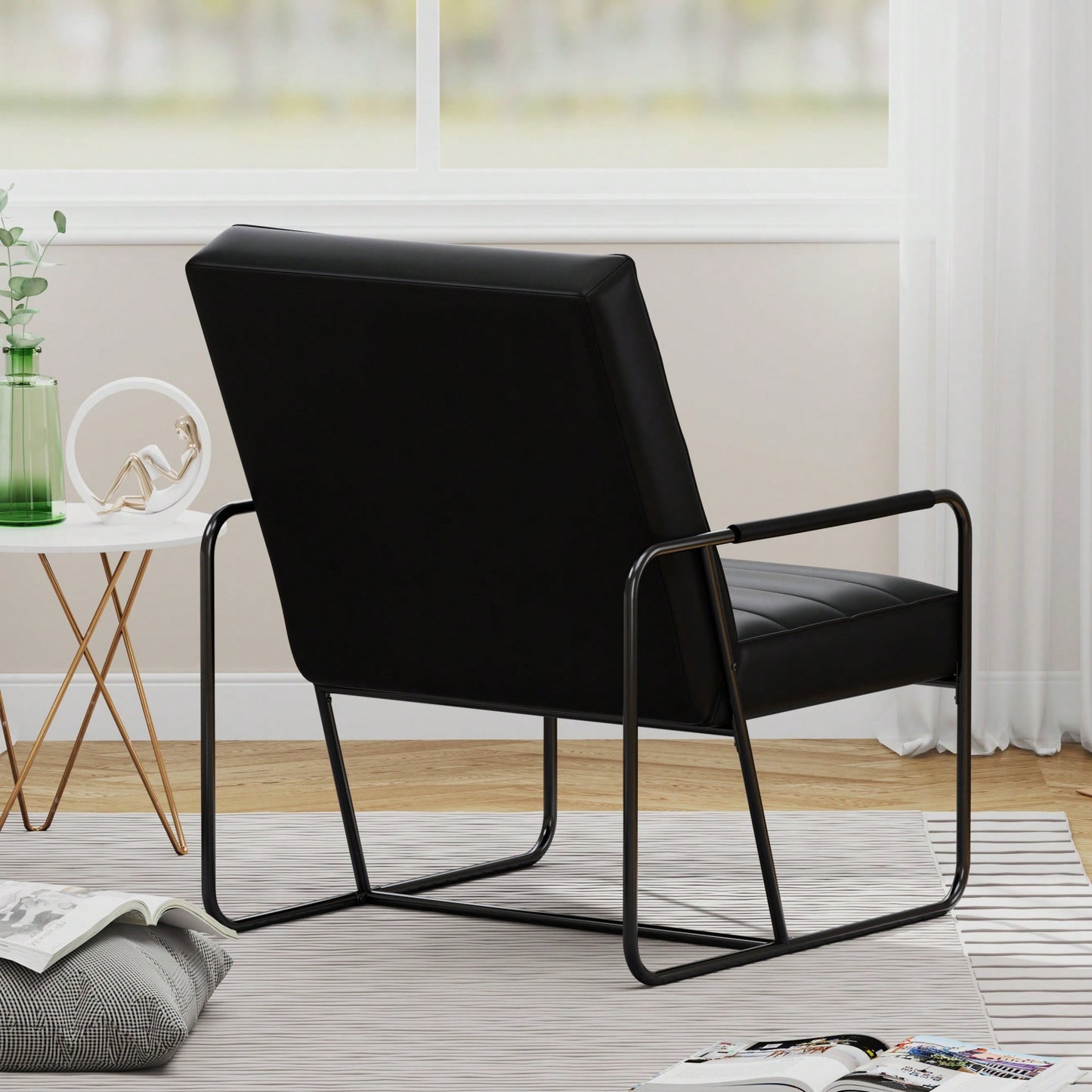 Stylish Modern Metal Framed Armchair With Black Technical Leather For Living Room Office Bedroom Comfort