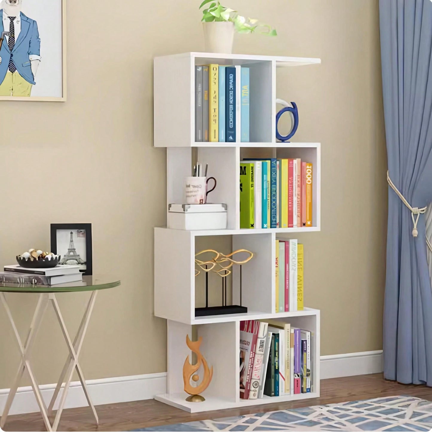 Multifunctional 4 Tier S Shaped Wooden Bookcase Modern Free Standing Industrial Storage Rack For Living Room Bedroom Office