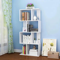 Multifunctional 4 Tier S Shaped Wooden Bookcase Modern Free Standing Industrial Storage Rack For Living Room Bedroom Office