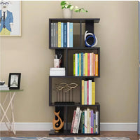 Multifunctional 4 Tier S Shaped Wooden Bookcase Modern Free Standing Industrial Storage Rack For Living Room Bedroom Office