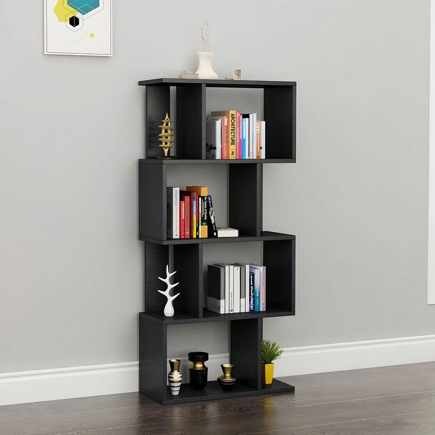 Multifunctional 4 Tier S Shaped Wooden Bookcase Modern Free Standing Industrial Storage Rack For Living Room Bedroom Office