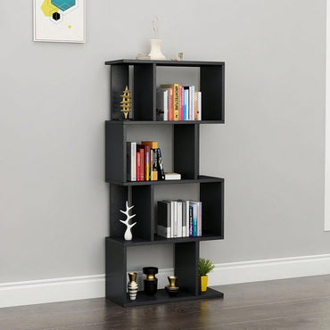 Multifunctional 4 Tier S Shaped Wooden Bookcase Modern Free Standing Industrial Storage Rack For Living Room Bedroom Office