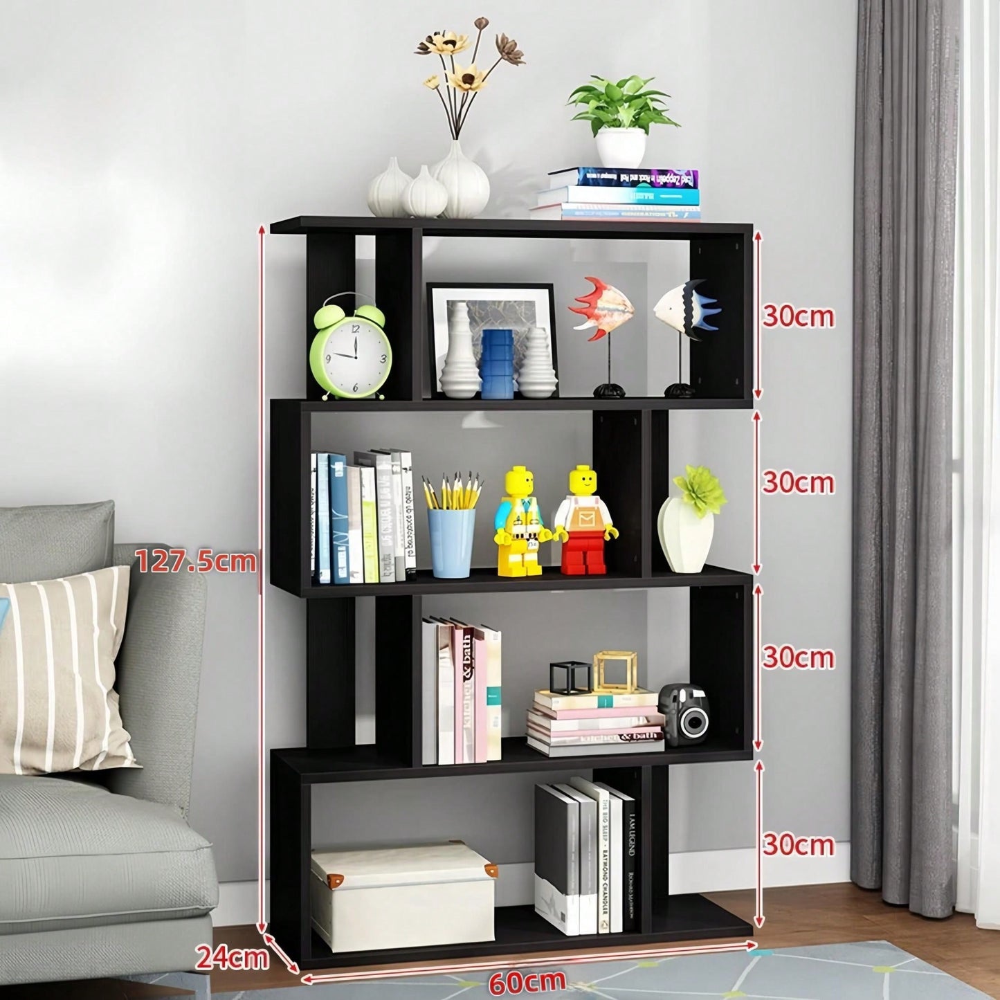 Multifunctional 4 Tier S Shaped Wooden Bookcase Modern Free Standing Industrial Storage Rack For Living Room Bedroom Office