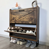 Rustic Brown Freestanding Shoe Storage Cabinet With 2 Flip Drawers And Metal Legs For Entryway Narrow Organizer