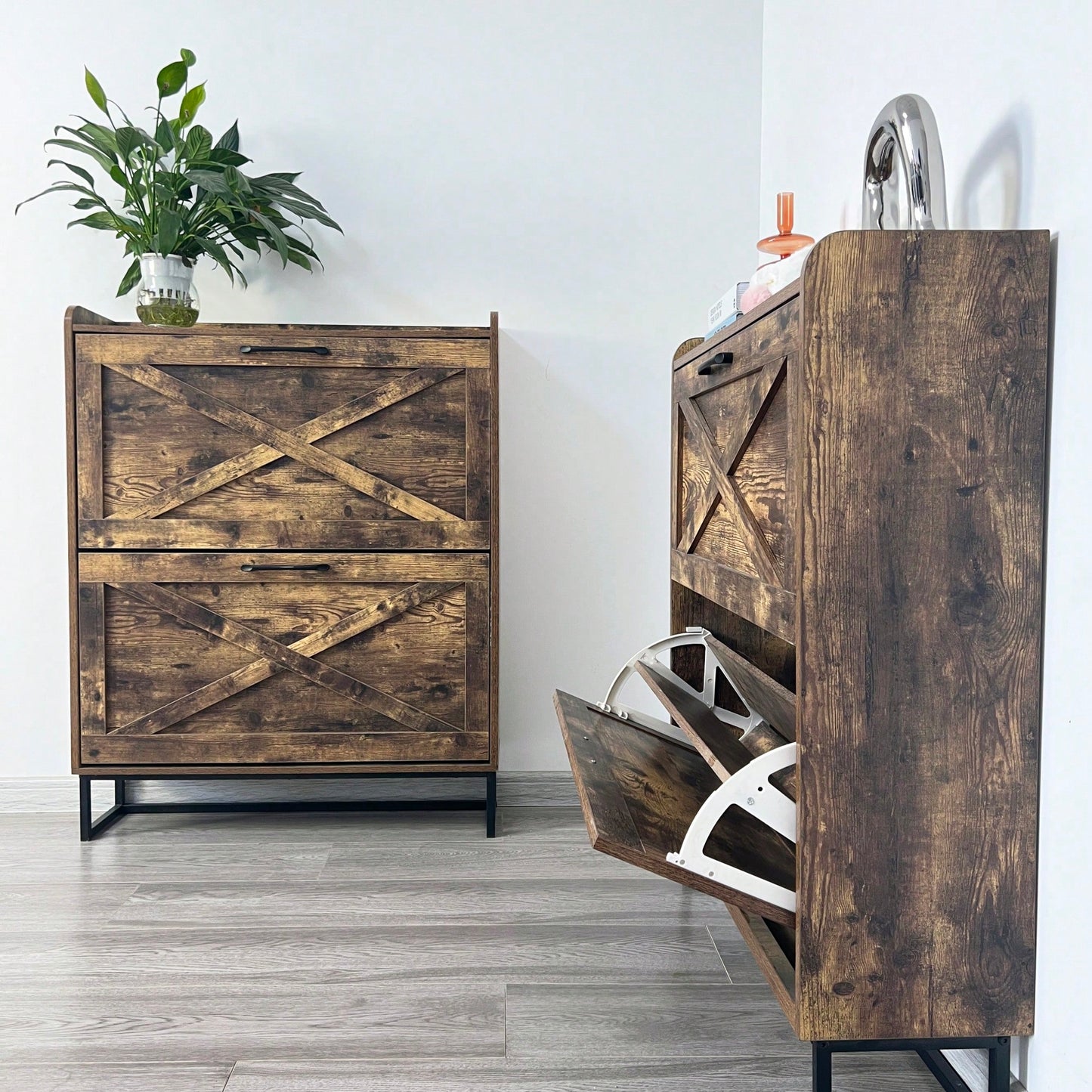 Rustic Brown Freestanding Shoe Storage Cabinet With 2 Flip Drawers And Metal Legs For Entryway Narrow Organizer