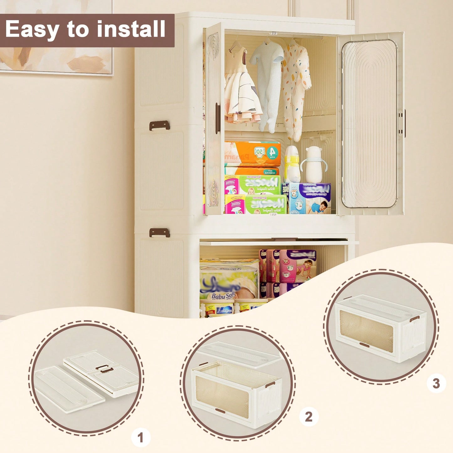 Portable Clothes Storage Organizer With Magnetic Doors, 4 Cubes, Hanging Rod, And 10 Hangers - Baby Wardrobe Cabinet In White