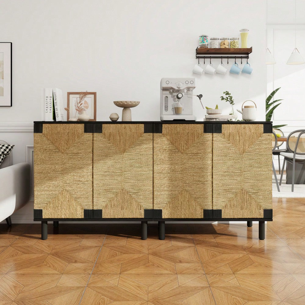 Natural Seaweed Decor 2 Door Buffet Sideboard With Adjustable Shelves For Living Room Kitchen Entryway Storage Cabinet