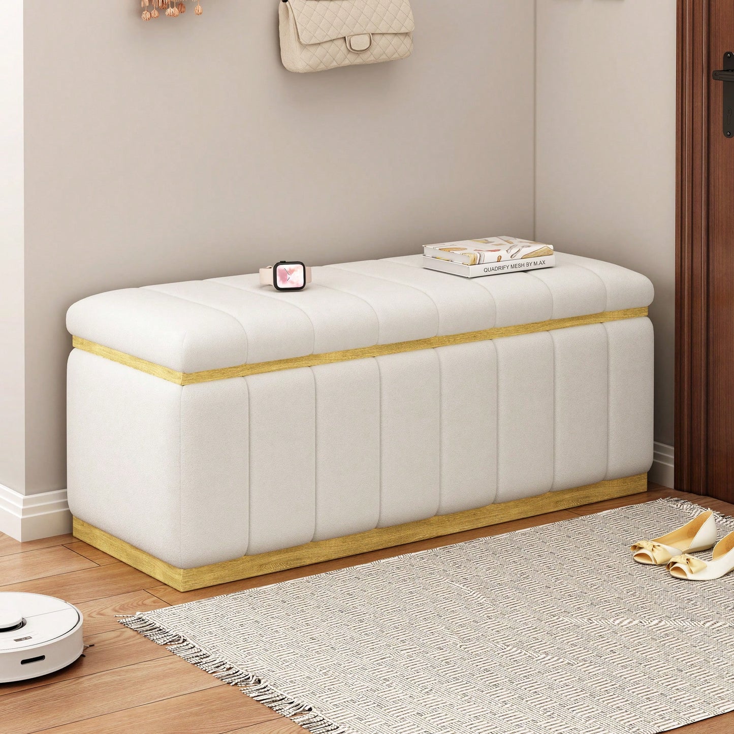 Stylish Linen Upholstered Storage Bench With Solid Wood Frame For Living Room Entryway And Bedroom Beige