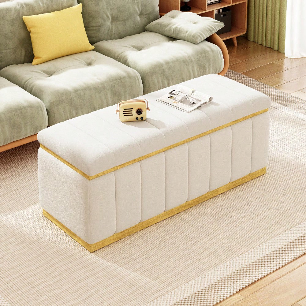 Stylish Linen Upholstered Storage Bench With Solid Wood Frame For Living Room Entryway And Bedroom Beige