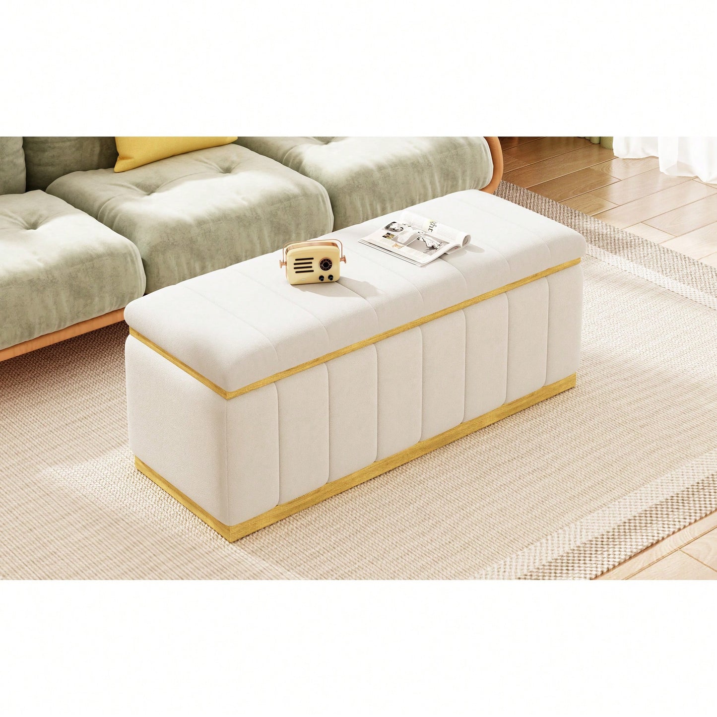 Stylish Linen Upholstered Storage Bench With Solid Wood Frame For Living Room Entryway And Bedroom Beige