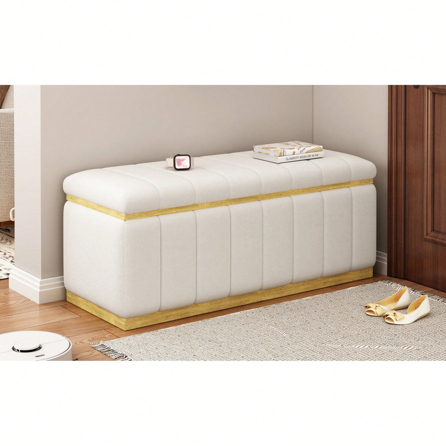 Stylish Linen Upholstered Storage Bench With Solid Wood Frame For Living Room Entryway And Bedroom Beige