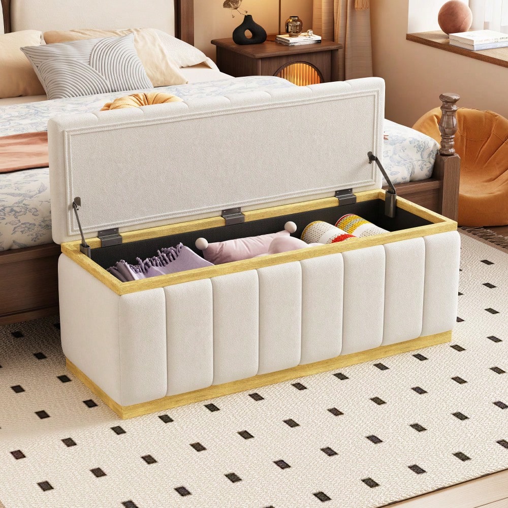 Stylish Linen Upholstered Storage Bench With Solid Wood Frame For Living Room Entryway And Bedroom Beige