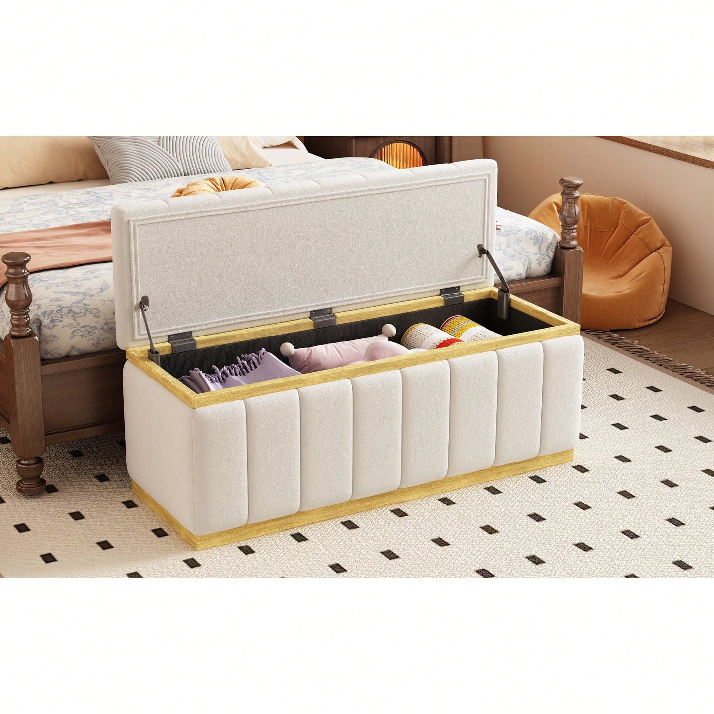 Stylish Linen Upholstered Storage Bench With Solid Wood Frame For Living Room Entryway And Bedroom Beige