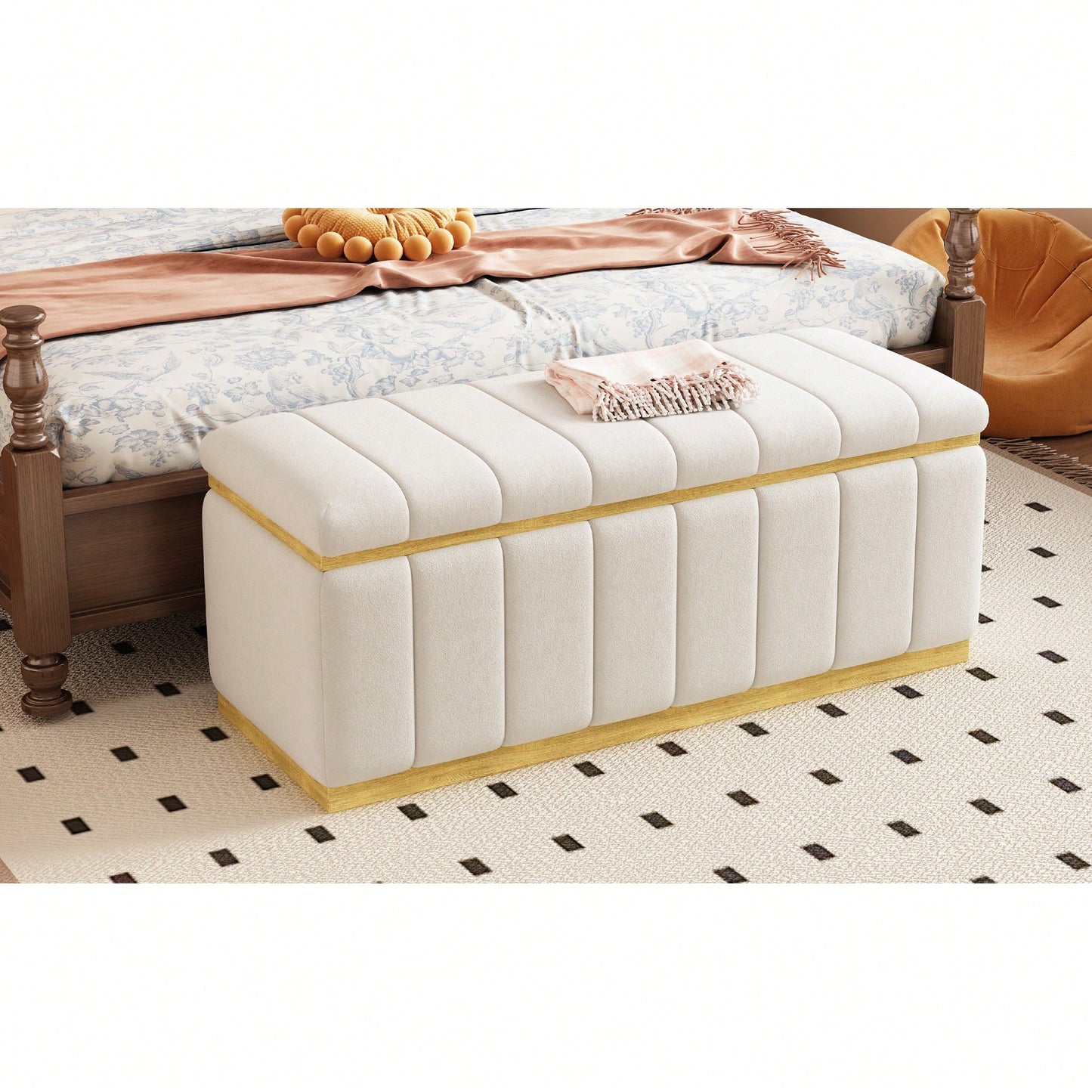 Stylish Linen Upholstered Storage Bench With Solid Wood Frame For Living Room Entryway And Bedroom Beige