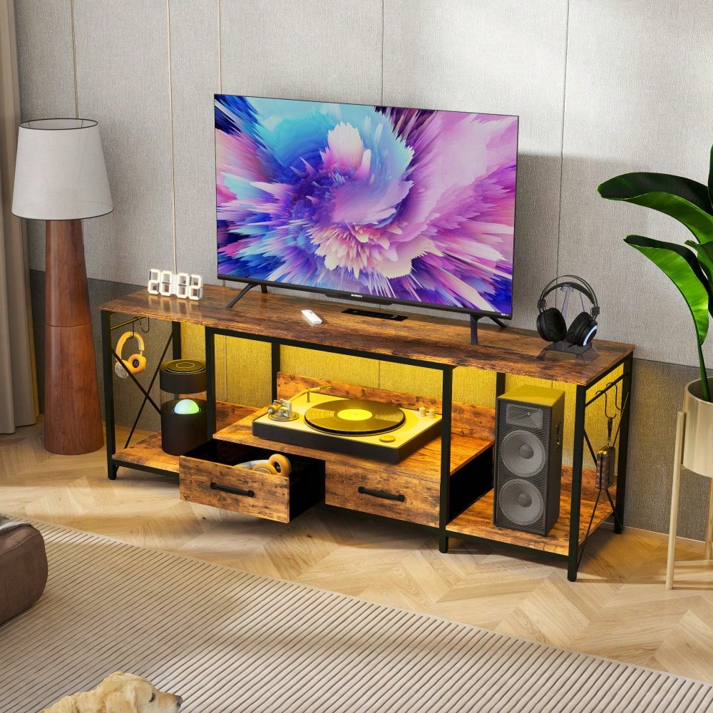 Industrial TV Stand with LED Lights and Power Outlets for 65-75 Inch TVs - Entertainment Center with Fabric Drawers and Open Shelves