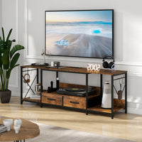 Industrial TV Stand with LED Lights and Power Outlets for 65-75 Inch TVs - Entertainment Center with Fabric Drawers and Open Shelves