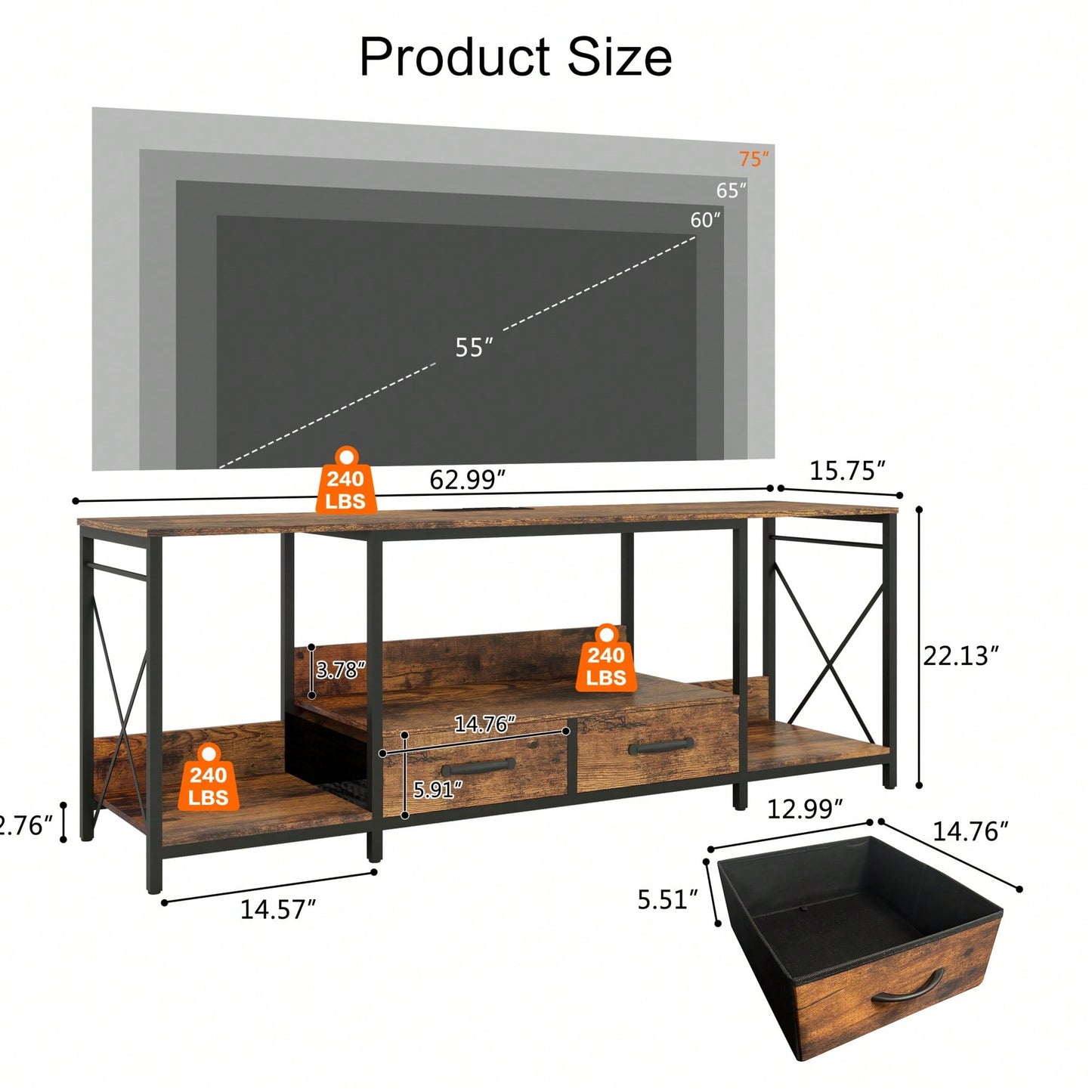 Industrial TV Stand with LED Lights and Power Outlets for 65-75 Inch TVs - Entertainment Center with Fabric Drawers and Open Shelves