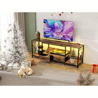 Industrial TV Stand with LED Lights and Power Outlets for 65-75 Inch TVs - Entertainment Center with Fabric Drawers and Open Shelves