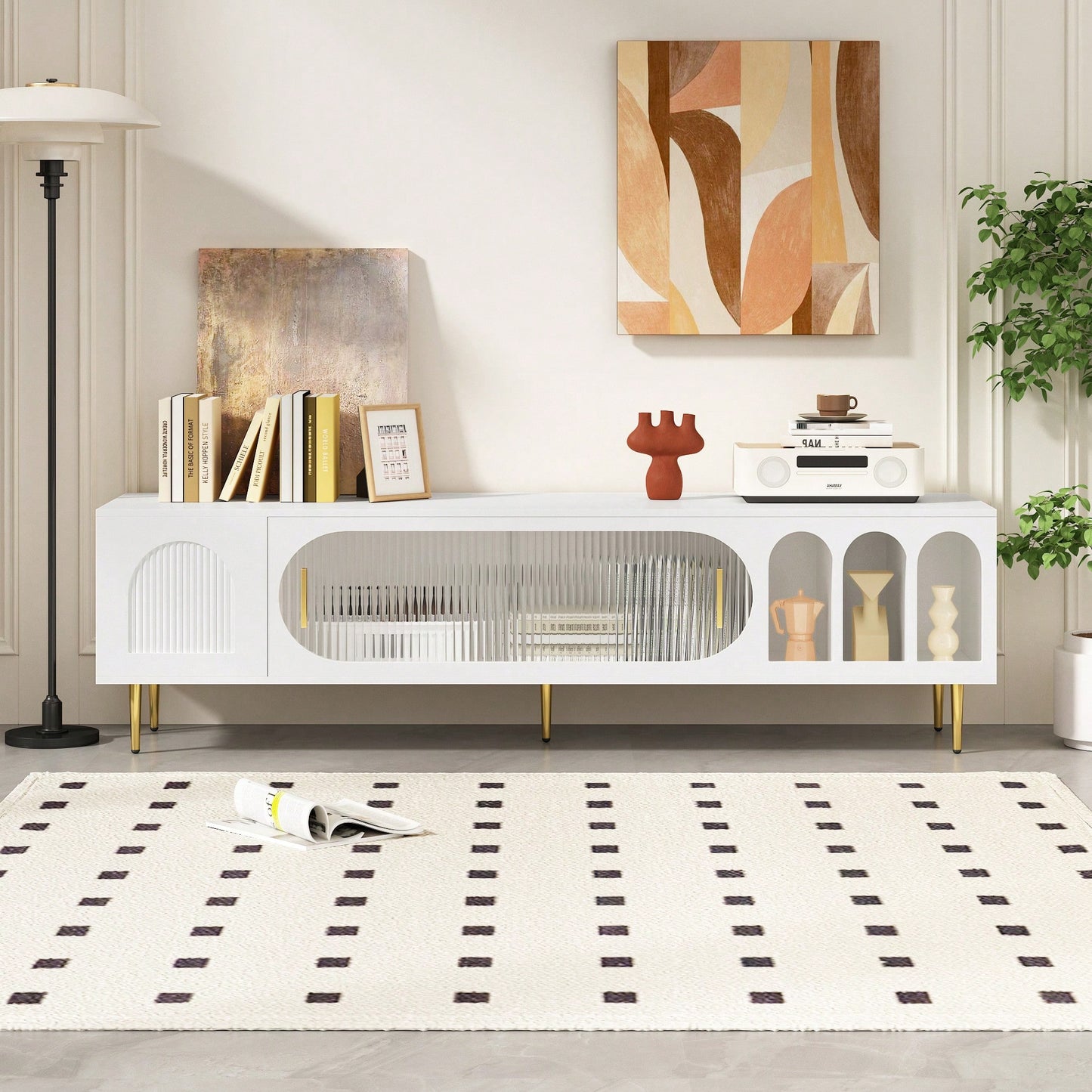 Modern TV Stand For Up To 70 Inch Television With 3 Shelves And 2 Cabinets, Stylish Entertainment Center Console Table For Living Room