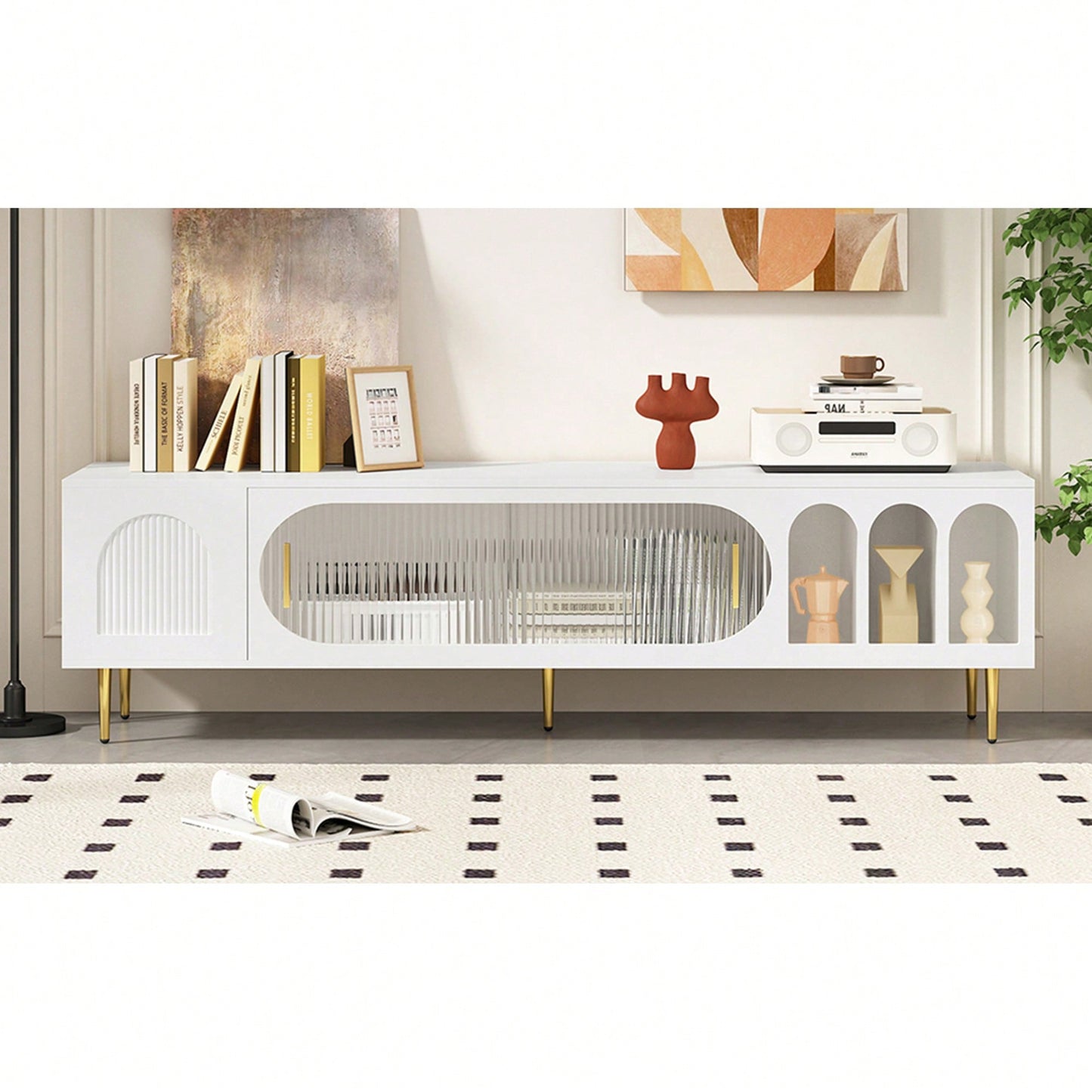 Modern TV Stand For Up To 70 Inch Television With 3 Shelves And 2 Cabinets, Stylish Entertainment Center Console Table For Living Room