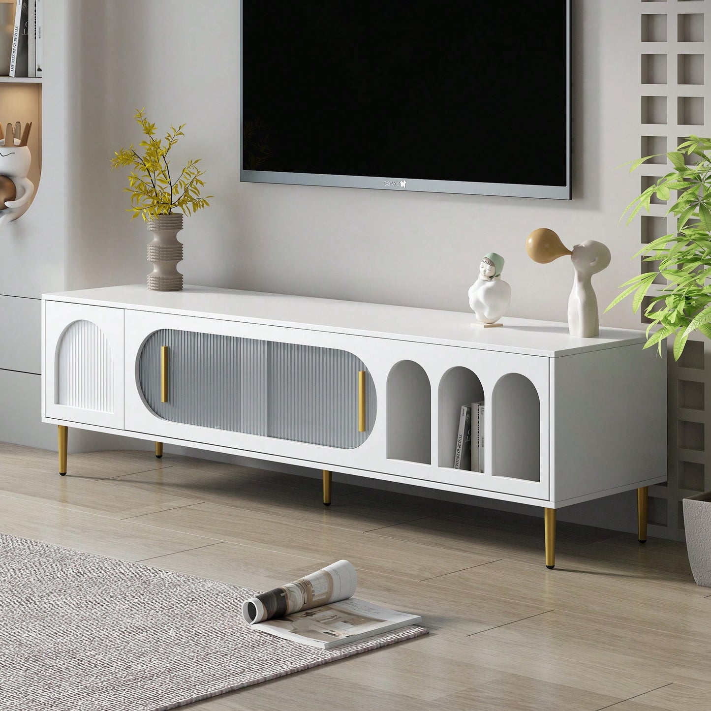 Modern TV Stand For Up To 70 Inch Television With 3 Shelves And 2 Cabinets, Stylish Entertainment Center Console Table For Living Room