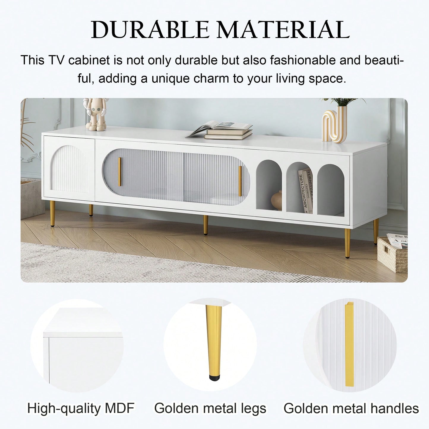 Modern TV Stand For Up To 70 Inch Television With 3 Shelves And 2 Cabinets, Stylish Entertainment Center Console Table For Living Room