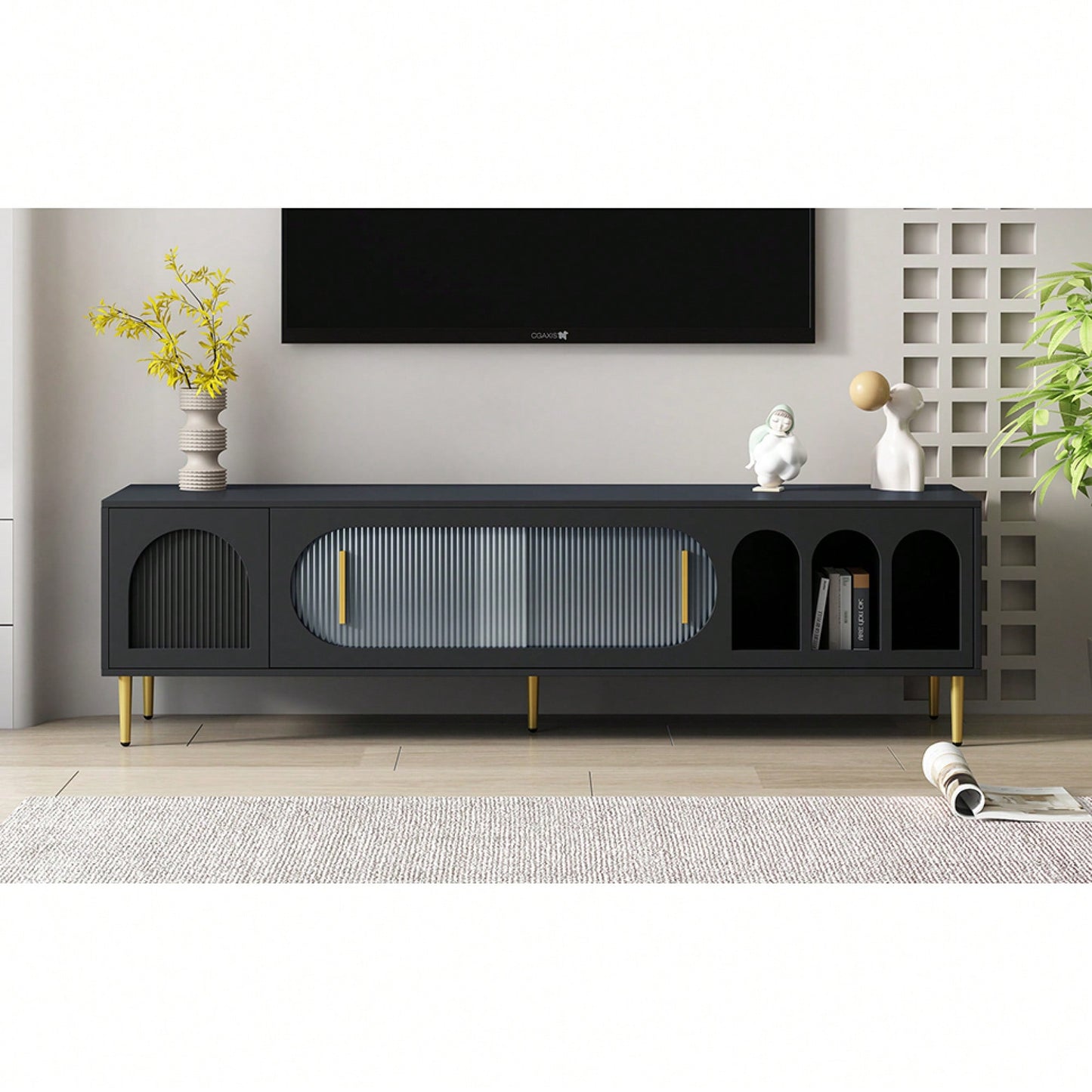 Modern TV Stand For Up To 70 Inch Television With 3 Shelves And 2 Cabinets, Stylish Entertainment Center Console Table For Living Room