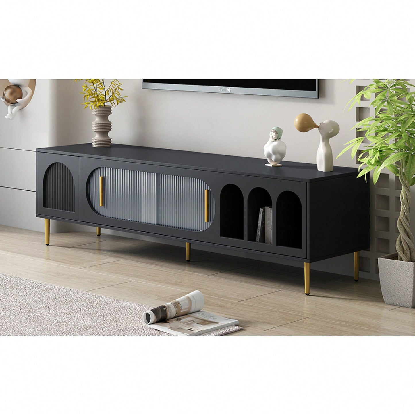 Modern TV Stand For Up To 70 Inch Television With 3 Shelves And 2 Cabinets, Stylish Entertainment Center Console Table For Living Room