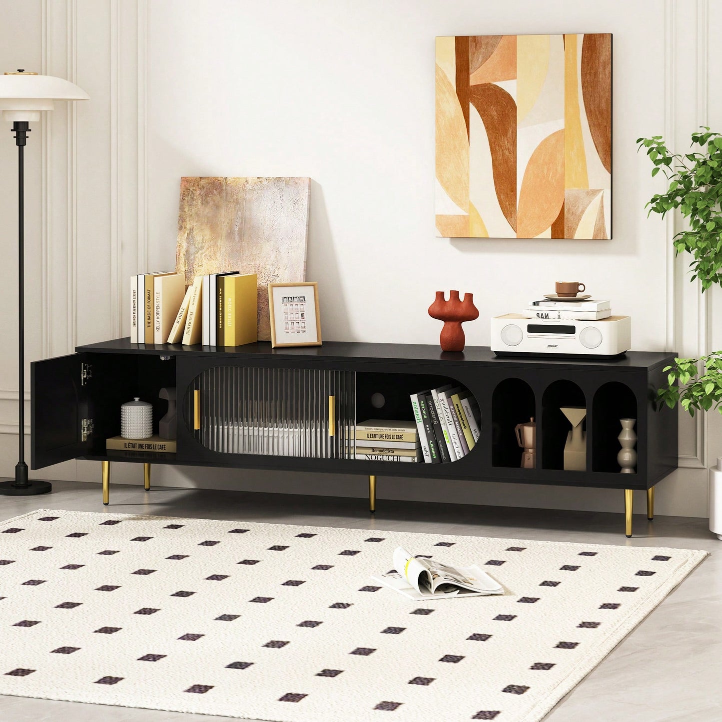 Modern TV Stand For Up To 70 Inch Television With 3 Shelves And 2 Cabinets, Stylish Entertainment Center Console Table For Living Room