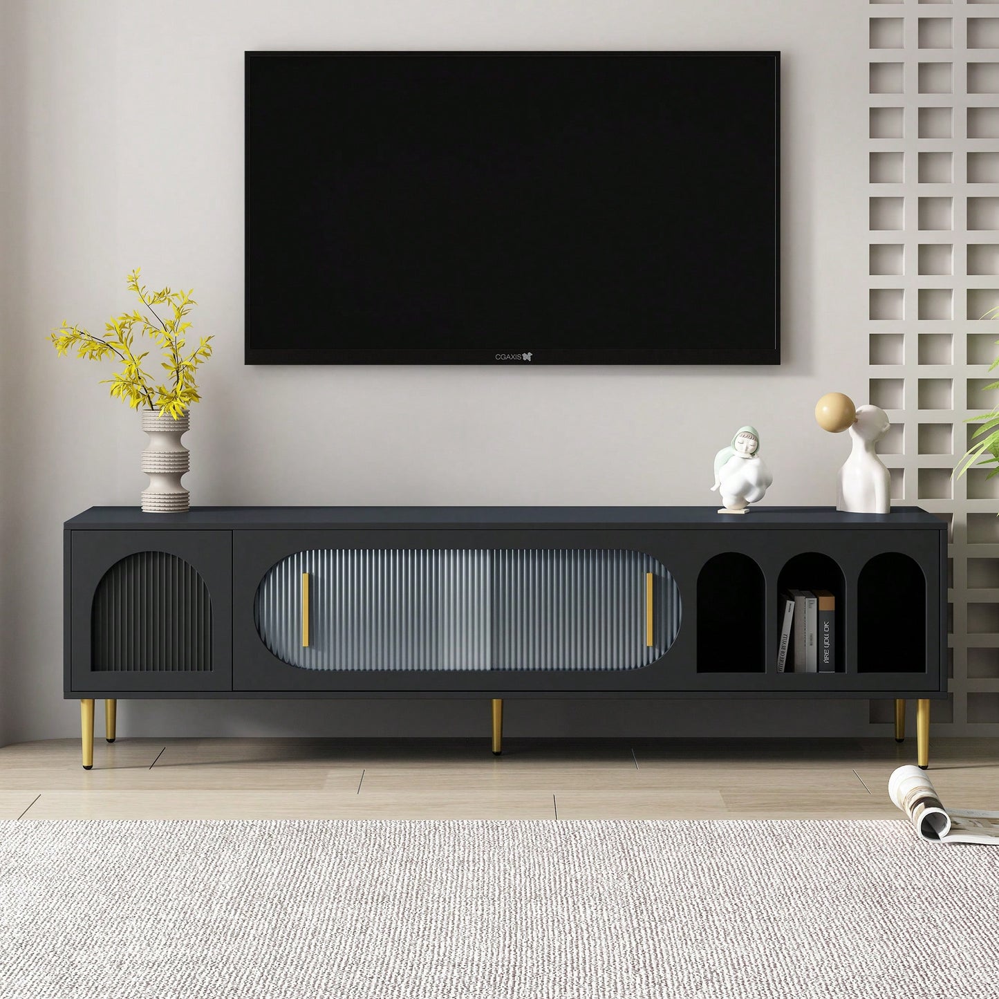 Modern TV Stand For Up To 70 Inch Television With 3 Shelves And 2 Cabinets, Stylish Entertainment Center Console Table For Living Room
