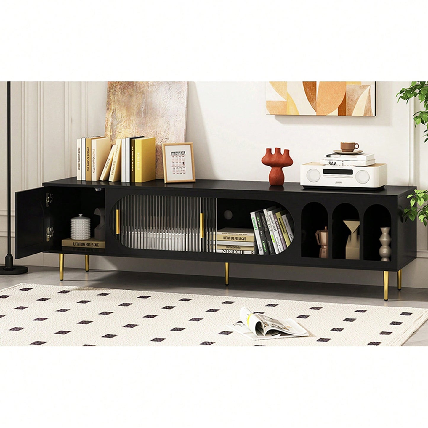 Modern TV Stand For Up To 70 Inch Television With 3 Shelves And 2 Cabinets, Stylish Entertainment Center Console Table For Living Room