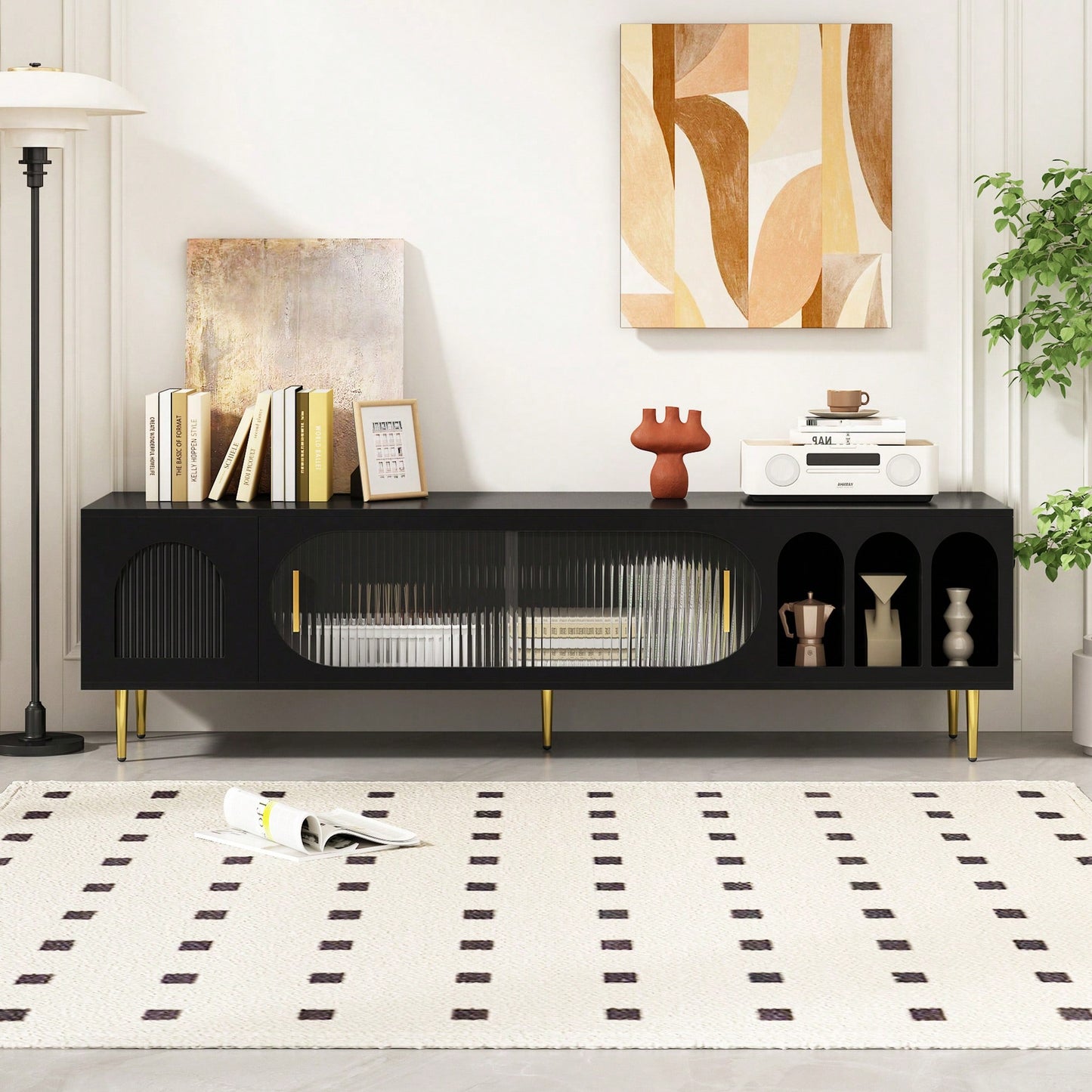 Modern TV Stand For Up To 70 Inch Television With 3 Shelves And 2 Cabinets, Stylish Entertainment Center Console Table For Living Room