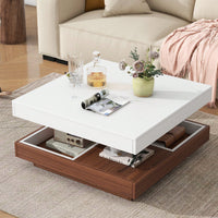 Modern 360° Rotating Coffee Table with Detachable Trays and Storage, 2-Tier Farmhouse Center Table, White Finish, 27.5 x 27.5 Inches