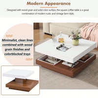 Modern 360° Rotating Coffee Table with Detachable Trays and Storage, 2-Tier Farmhouse Center Table, White Finish, 27.5 x 27.5 Inches